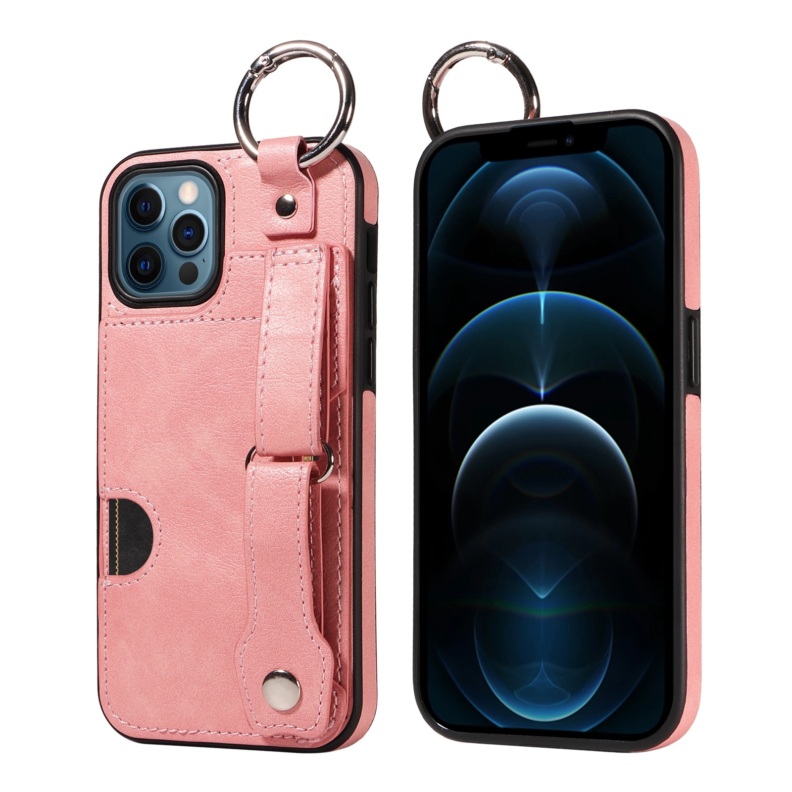 For iPhone 12 / 12 Pro Calf Texture Wrist Card Slot Ring Phone Case(Pink) For iPhone 12 / 12 Pro Calf Texture Wrist Card Slot Ring Phone Case(Pink)