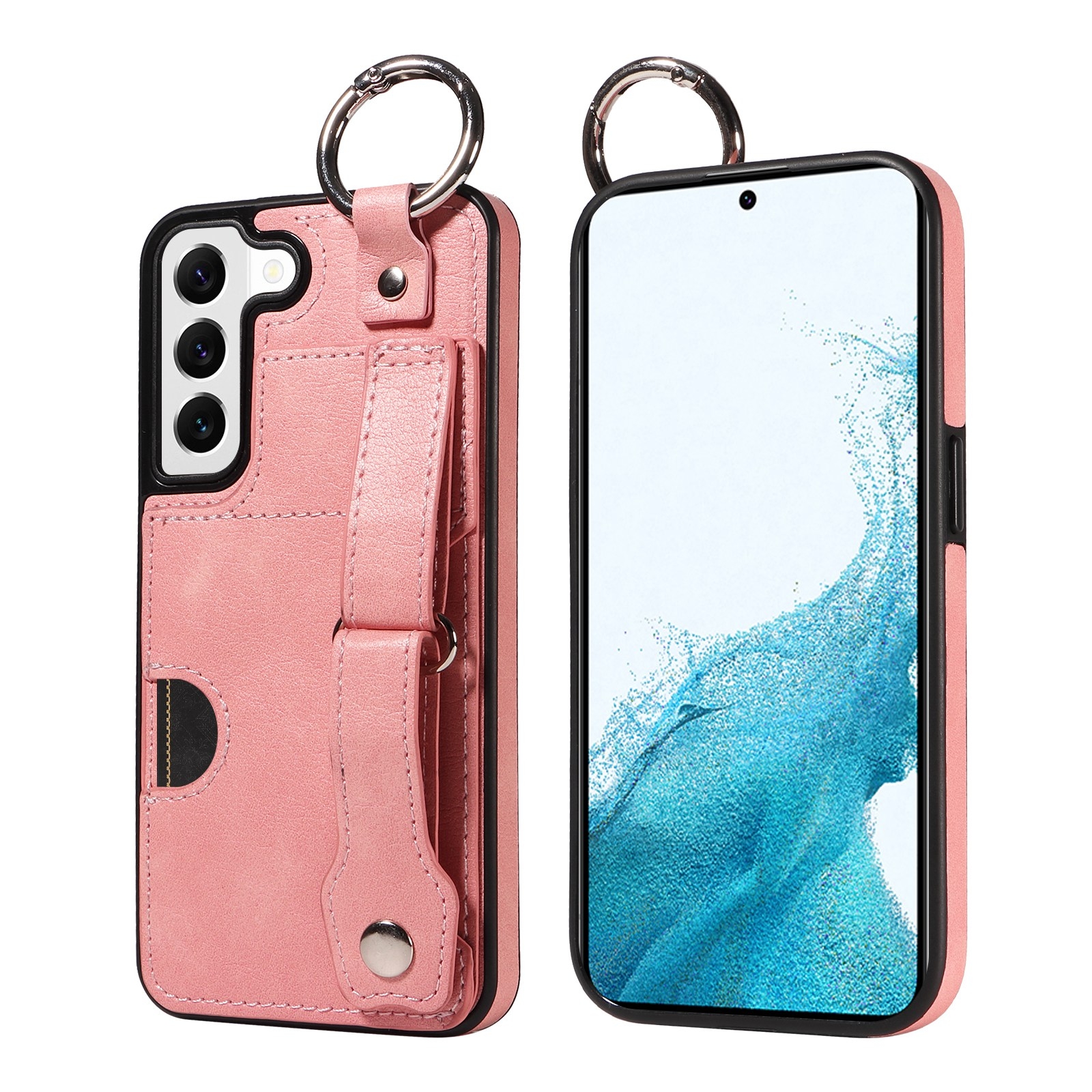 For Samsung Galaxy S22 5G Calf Texture Wrist Card Slot Ring Phone Case(Pink) For Samsung Galaxy S22 5G Calf Texture Wrist Card Slot Ring Phone Case(Pink)