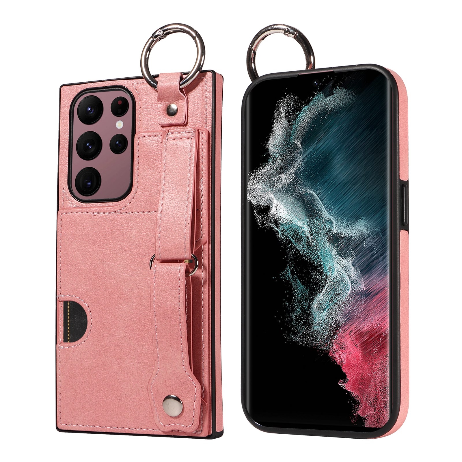 For Samsung Galaxy S22 Ultra 5G Calf Texture Wrist Card Slot Ring Phone Case(Pink) For Samsung Galaxy S22 Ultra 5G Calf Texture Wrist Card Slot Ring Phone Case(Pink)
