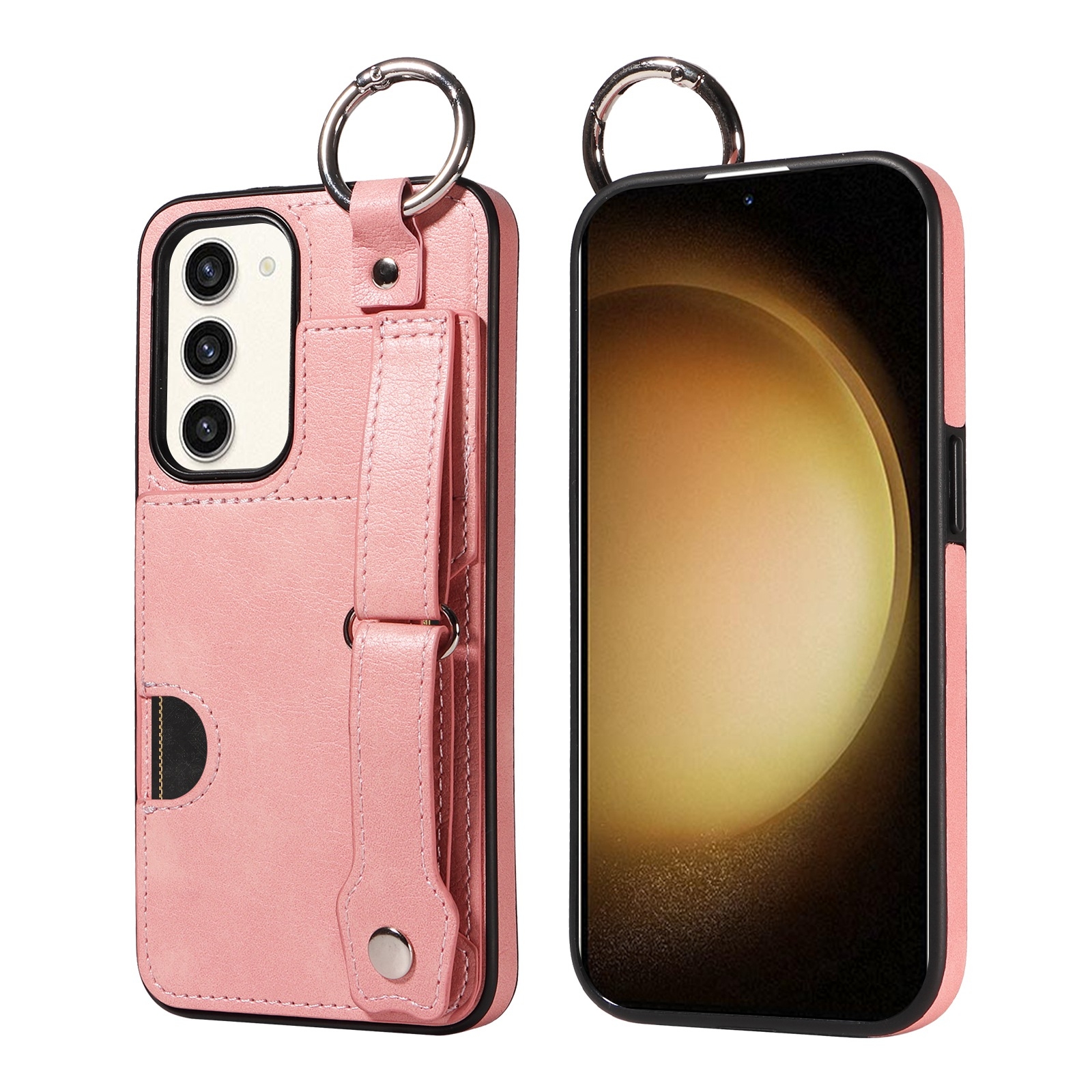 For Samsung Galaxy S23+ 5G Calf Texture Wrist Card Slot Ring Phone Case(Pink) For Samsung Galaxy S23+ 5G Calf Texture Wrist Card Slot Ring Phone Case(Pink)