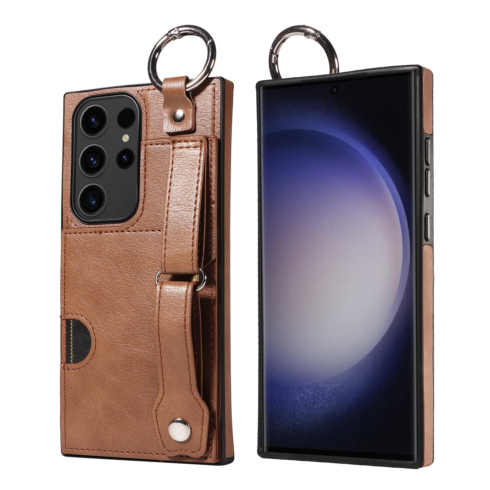 For Samsung Galaxy S23 Ultra 5G Calf Texture Wrist Card Slot Ring Phone Case(Brown) For Samsung Galaxy S23 Ultra 5G Calf Texture Wrist Card Slot Ring Phone Case(Brown)