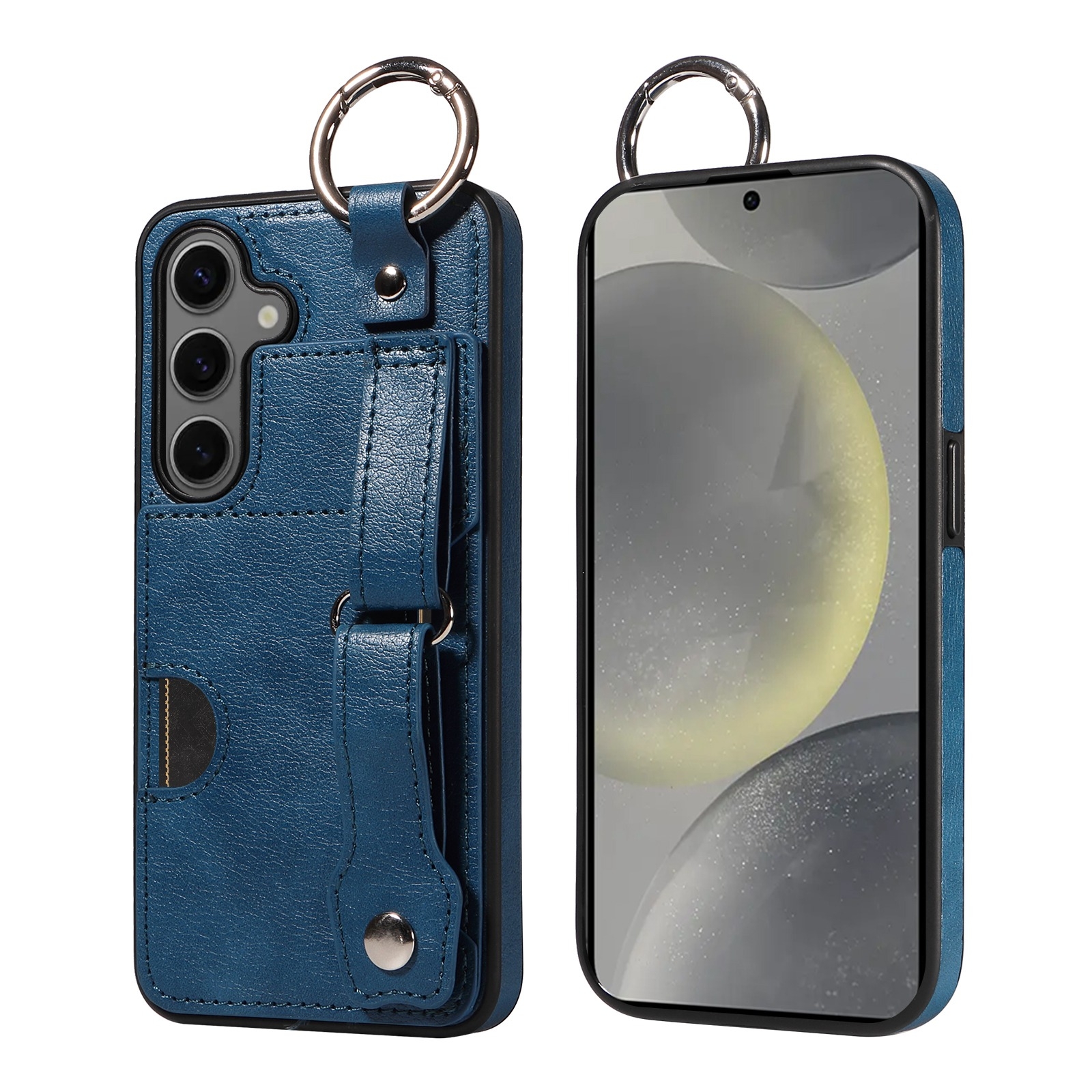 For Samsung Galaxy S24 5G Calf Texture Wrist Card Slot Ring Phone Case(Blue) For Samsung Galaxy S24 5G Calf Texture Wrist Card Slot Ring Phone Case(Blue)