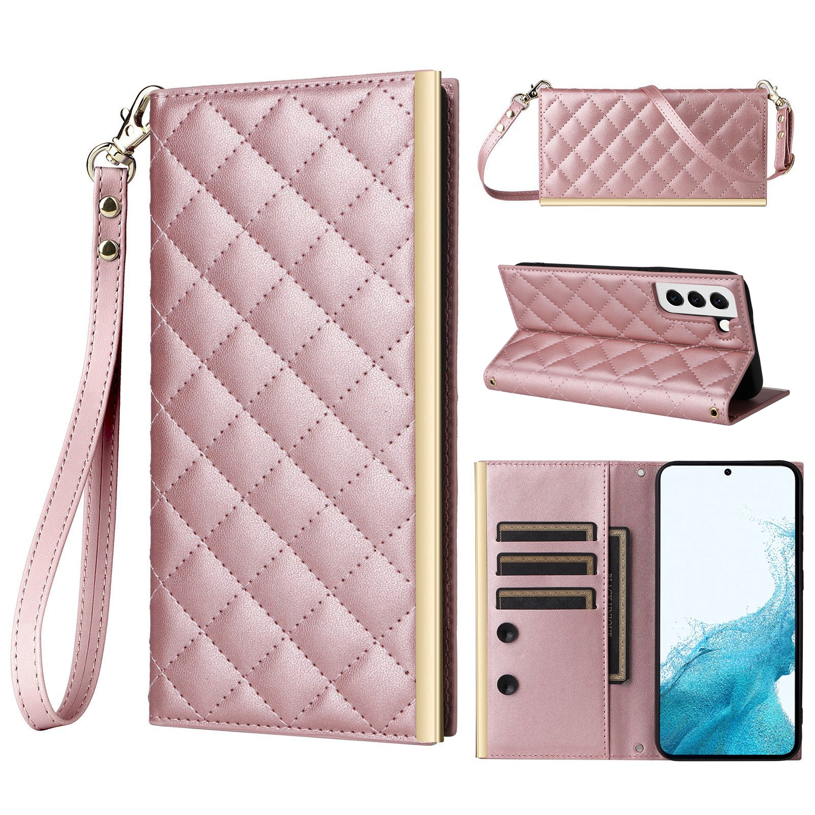 For Samsung Galaxy S22+ 5G Crossbody Rhombic Sucker Leather Phone Case(Rose Gold) For Samsung Galaxy S22+ 5G Crossbody Rhombic Sucker Leather Phone Case(Rose Gold)