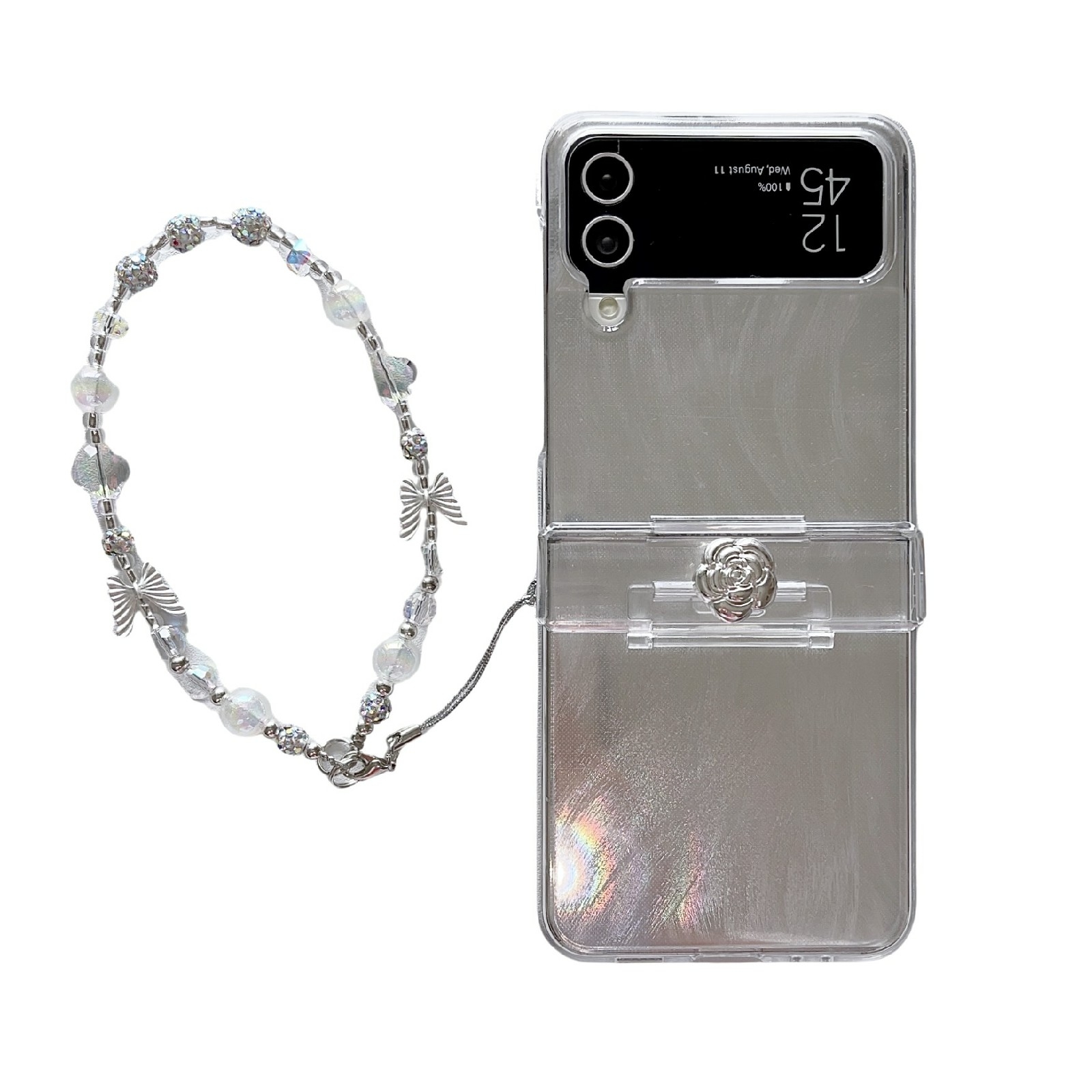 For Samsung Galaxy Z Flip6 Electroplating Feather Glitter Paper 3D Camellia Full Coverage Phone Case with Hand Strap(Grey) For Samsung Galaxy Z Flip6 Electroplating Feather Glitter Paper 3D Camellia Full Coverage Phone Case with Hand Strap(Grey)