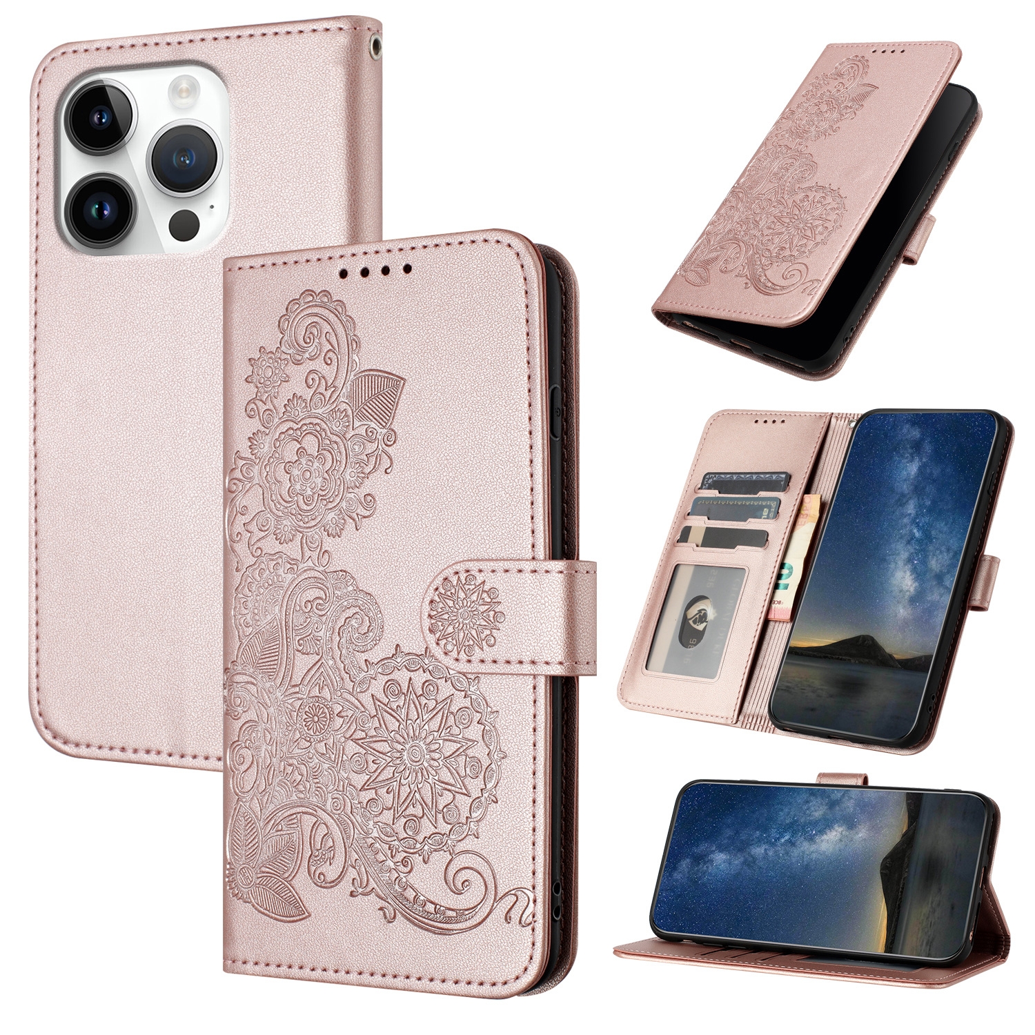 For iPhone 16 Pro Datura Flower Embossed Flip Leather Phone Case(Rose Gold) For iPhone 16 Pro Datura Flower Embossed Flip Leather Phone Case(Rose Gold)