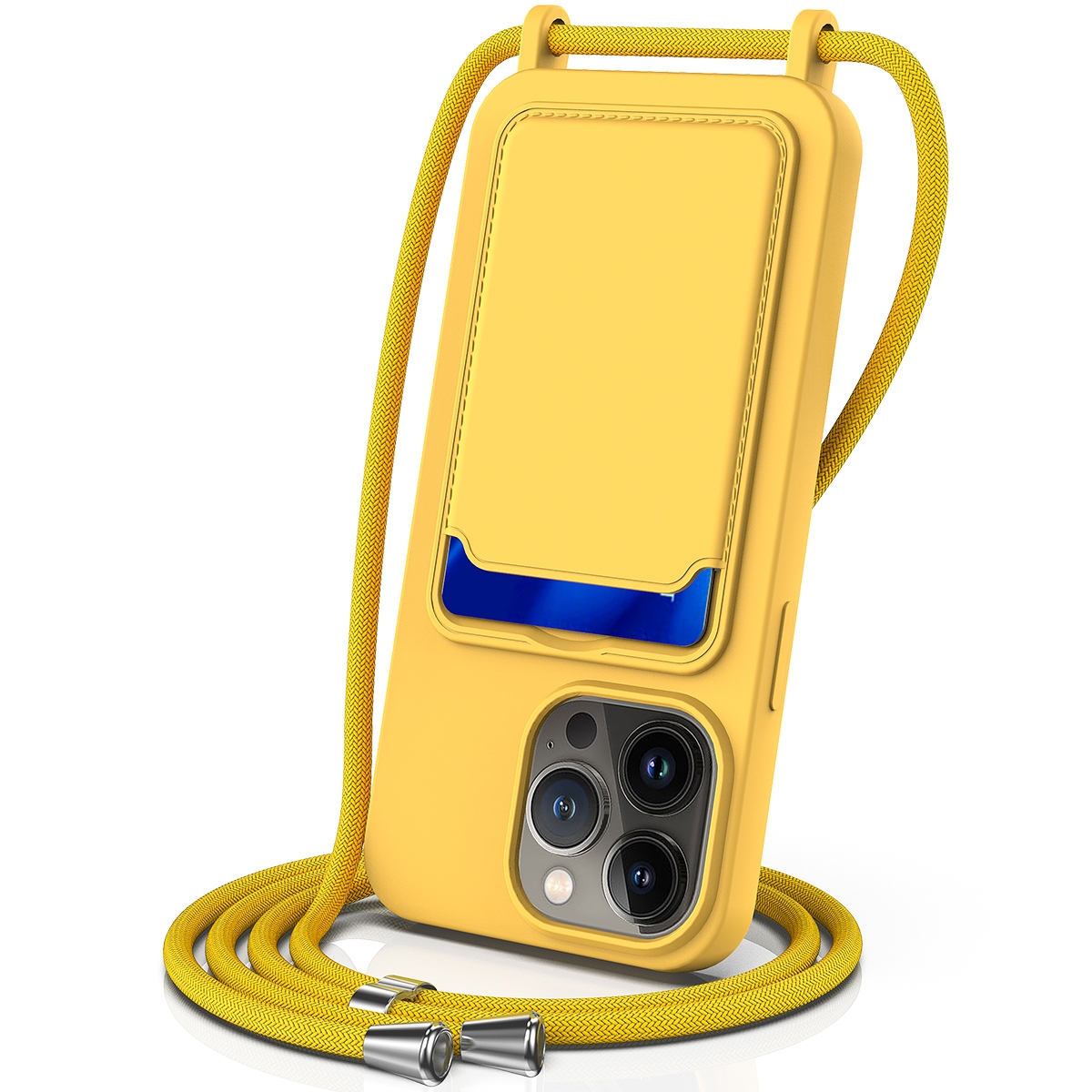 For iPhone 15 Pro Integrated Card Bag Solid Color Liquid Silicone Phone Case with Lanyard(Yellow) For iPhone 15 Pro Integrated Card Bag Solid Color Liquid Silicone Phone Case with Lanyard(Yellow)