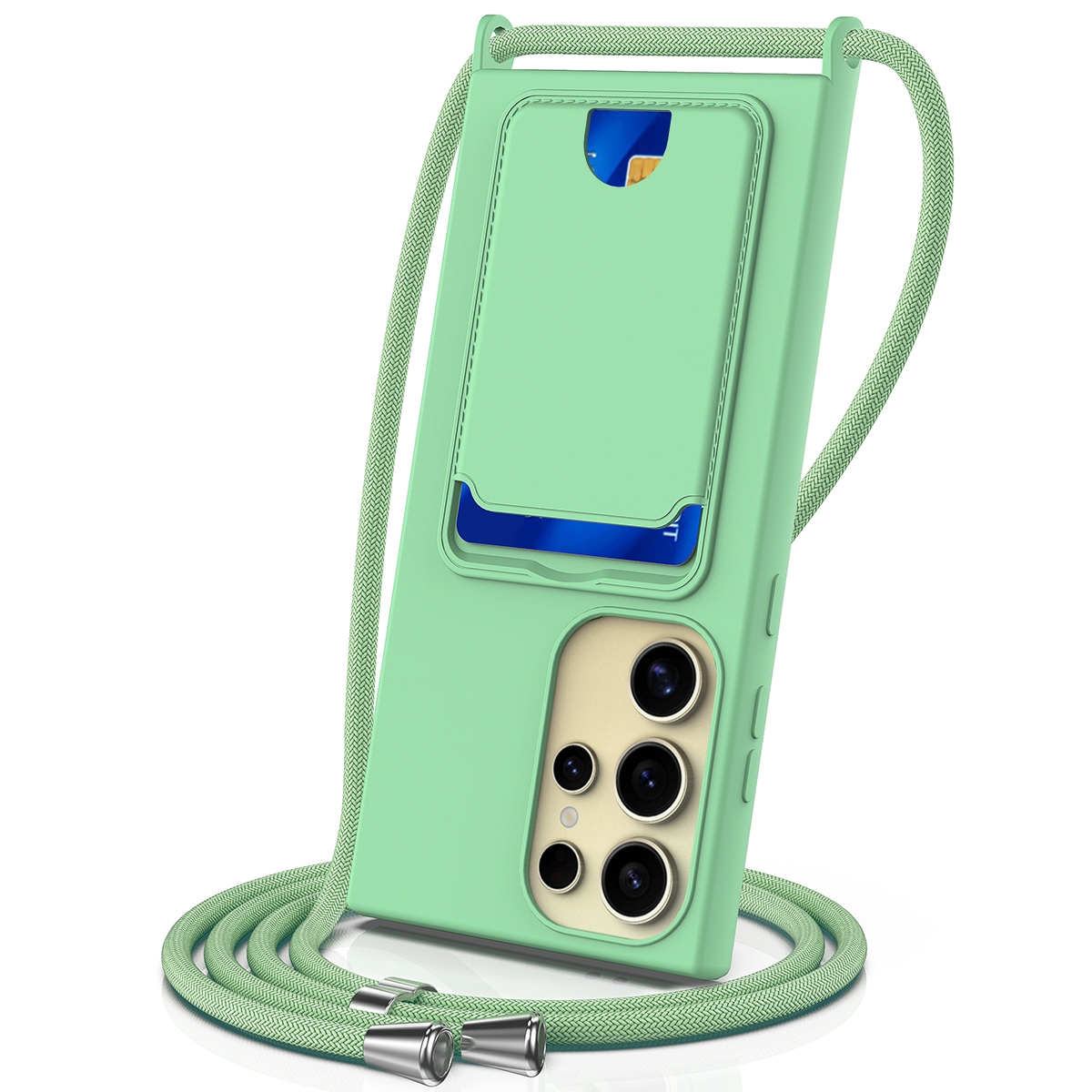 For Samsung Galaxy S23 Ultra 5G Integrated Card Bag Solid Color Liquid Silicone Phone Case with Lanyard(Green) For Samsung Galaxy S23 Ultra 5G Integrated Card Bag Solid Color Liquid Silicone Phone Case with Lanyard(Green)