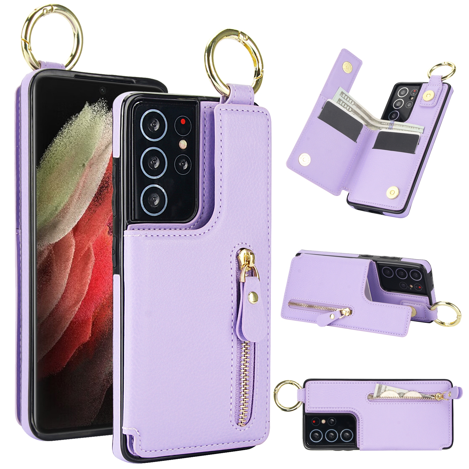 For Samsung Galaxy S21 Ultra 5G Litchi Texture Zipper Double Buckle Card Bag Phone Case(Purple) For Samsung Galaxy S21 Ultra 5G Litchi Texture Zipper Double Buckle Card Bag Phone Case(Purple)