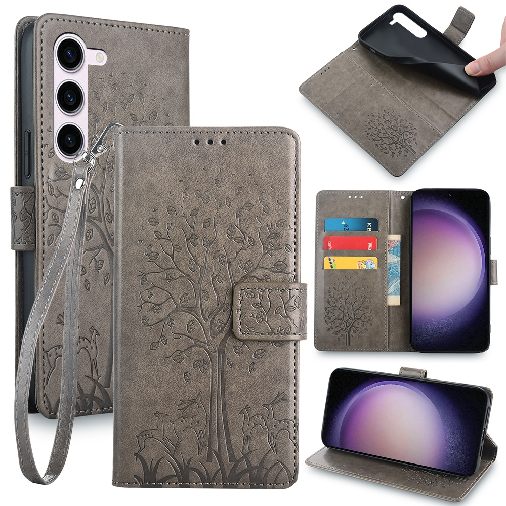 For Samsung Galaxy S23 5G Tree & Deer Embossed Leather Phone Case(Grey) For Samsung Galaxy S23 5G Tree & Deer Embossed Leather Phone Case(Grey)
