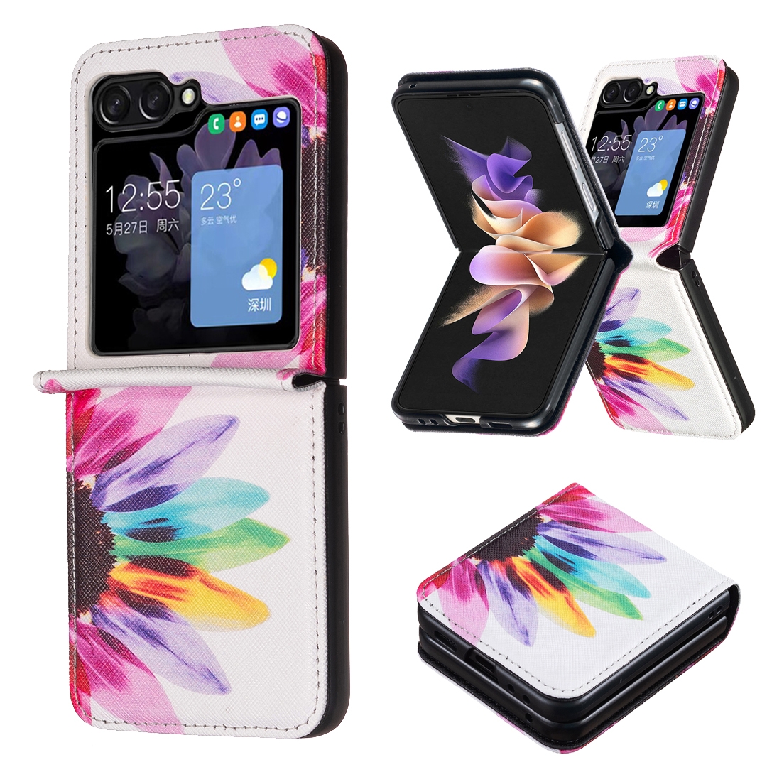 For Samsung Galaxy Z Flip5 Colored Drawing Pattern PU + PC Shockproof Phone Case(Sun Flower) For Samsung Galaxy Z Flip5 Colored Drawing Pattern PU + PC Shockproof Phone Case(Sun Flower)