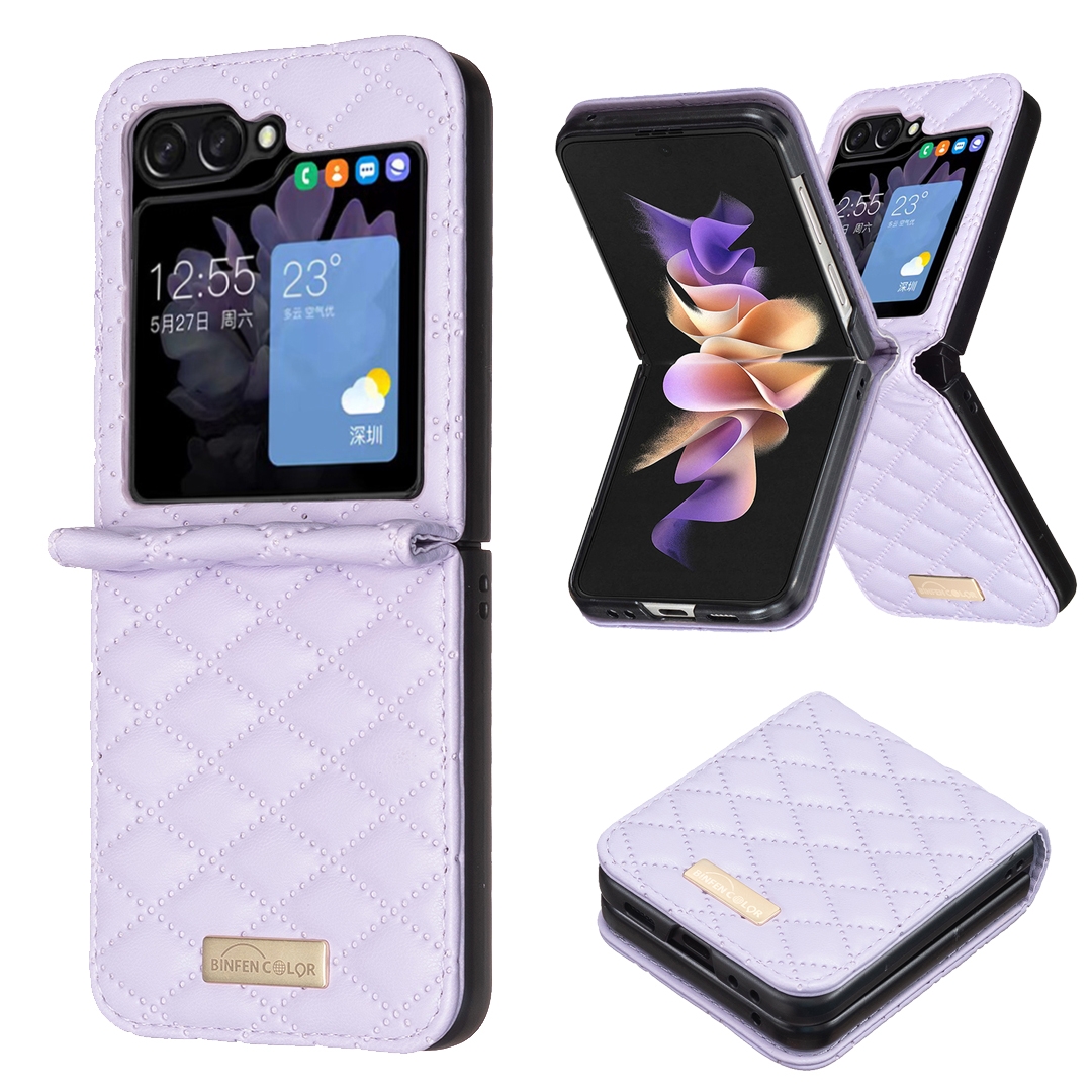 For Samsung Galaxy Z Flip5 Diamond Lattice PU + PC Shockproof Phone Case(Purple) For Samsung Galaxy Z Flip5 Diamond Lattice PU + PC Shockproof Phone Case(Purple)