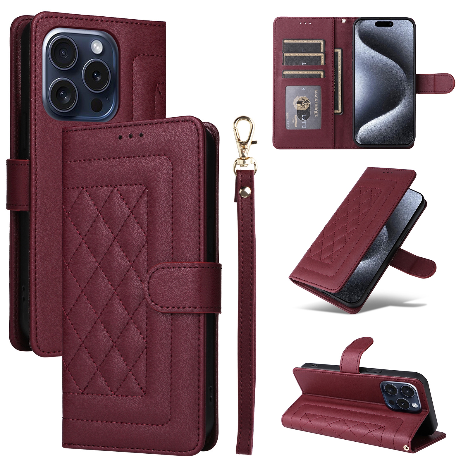 For iPhone 15 Pro Diamond Lattice Leather Flip Phone Case(Wine Red) For iPhone 15 Pro Diamond Lattice Leather Flip Phone Case(Wine Red)
