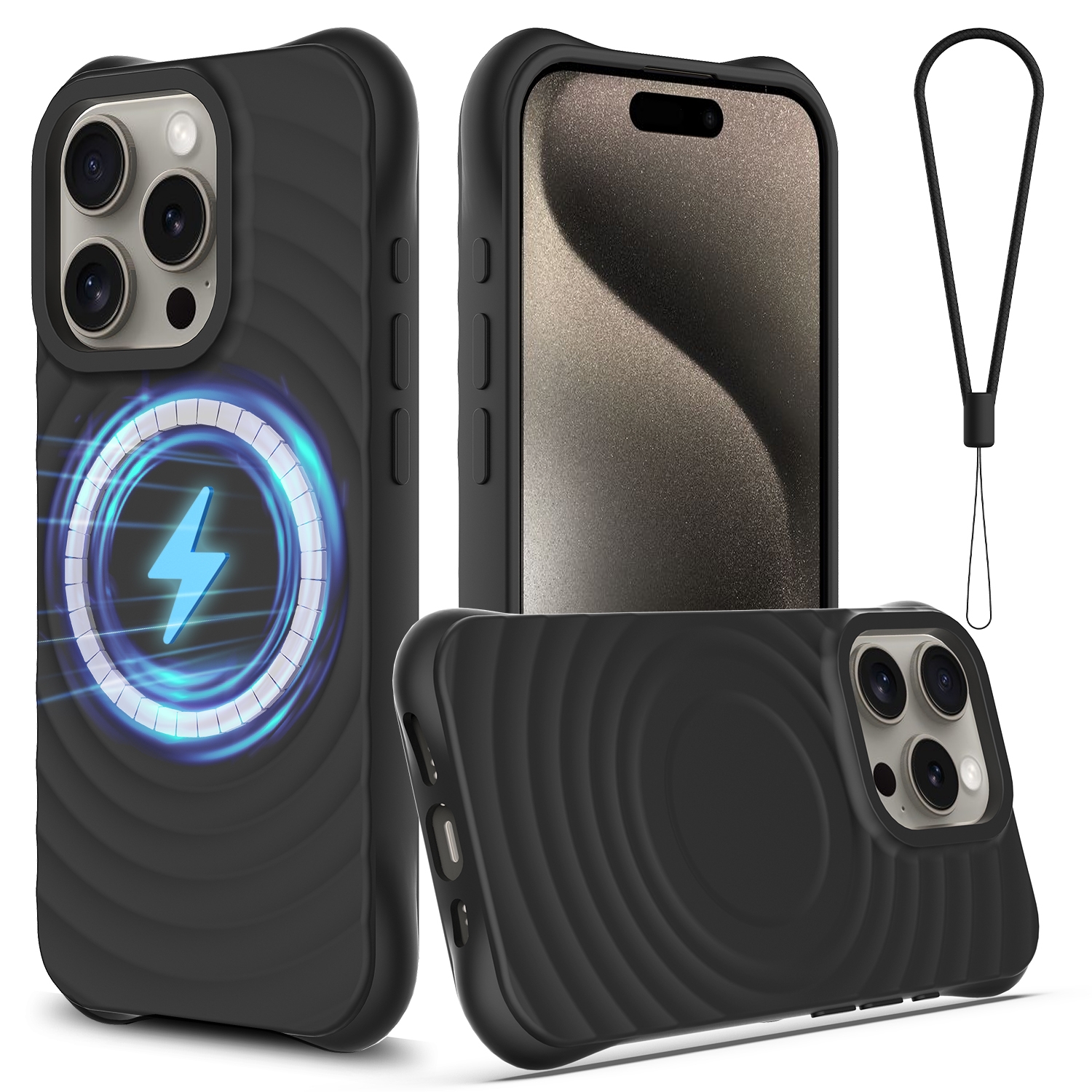 For iPhone 16 Pro Wave Texture MagSafe Magnetic Liquid Silicone Phone Case(Black) For iPhone 16 Pro Wave Texture MagSafe Magnetic Liquid Silicone Phone Case(Black)