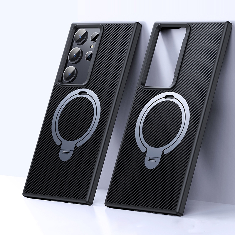 For Samsung Galaxy S24 Ultra 5G Double Ring MagSafe Holder Carbon Fibre Phone Case(Silver) For Samsung Galaxy S24 Ultra 5G Double Ring MagSafe Holder Carbon Fibre Phone Case(Silver)