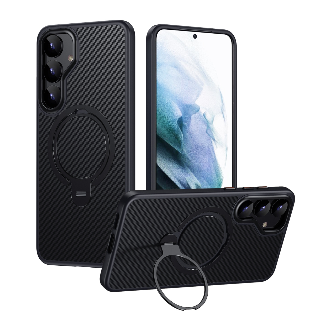 For Samsung Galaxy S25 5G Double Ring MagSafe Holder Carbon Fibre Phone Case(Black) For Samsung Galaxy S25 5G Double Ring MagSafe Holder Carbon Fibre Phone Case(Black)