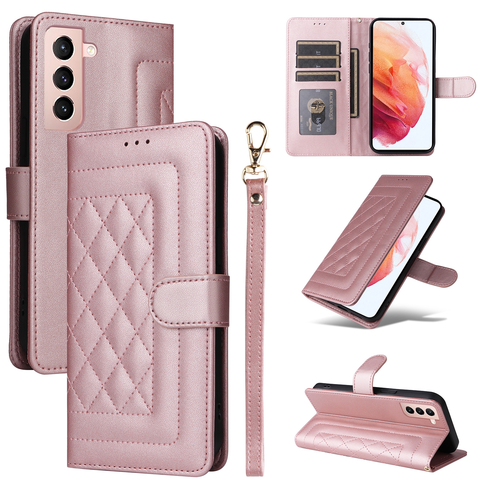 For Samsung Galaxy S21 5G Diamond Lattice Leather Flip Phone Case(Rose Gold) For Samsung Galaxy S21 5G Diamond Lattice Leather Flip Phone Case(Rose Gold)