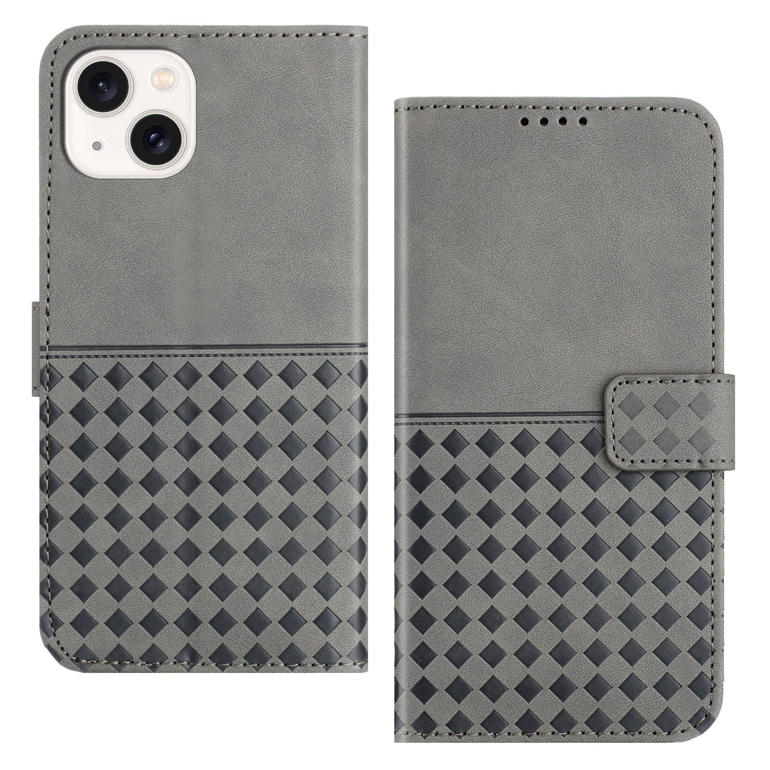 For iPhone 14 Woven Embossed RFID Blocking Leather Phone Case(Grey) For iPhone 14 Woven Embossed RFID Blocking Leather Phone Case(Grey)