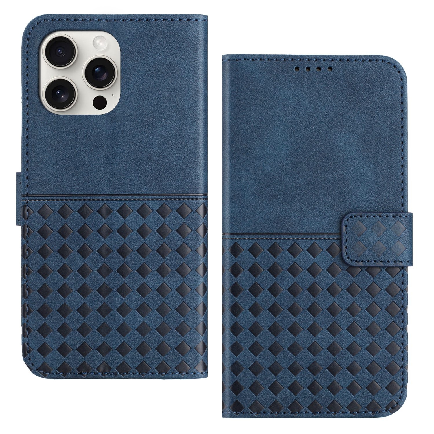 For iPhone 13 Pro Max Woven Embossed RFID Blocking Leather Phone Case(Blue) For iPhone 13 Pro Max Woven Embossed RFID Blocking Leather Phone Case(Blue)