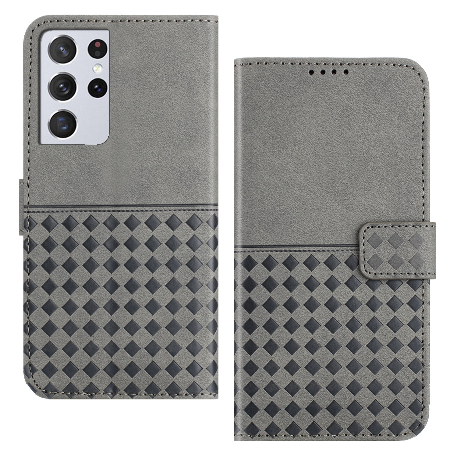For Samsung Galaxy S21 Ultra 5G Woven Embossed RFID Blocking Leather Phone Case(Grey) For Samsung Galaxy S21 Ultra 5G Woven Embossed RFID Blocking Leather Phone Case(Grey)