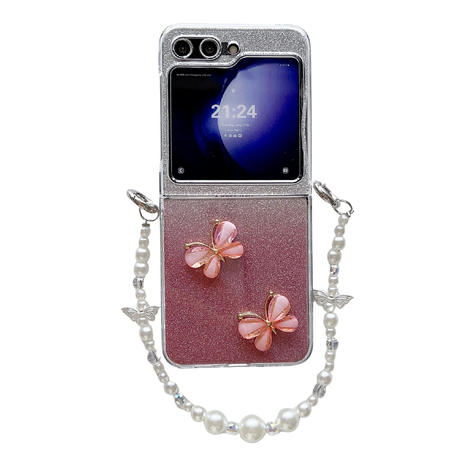For Samsung Galaxy Z Flip6 Glitter Powder 3D Butterfly PC Side Buckle Full Coverage Shockproof Phone Case with Pearl Bracelet(Red)
