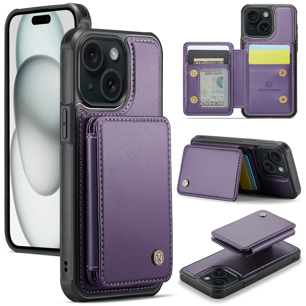 For iPhone 15 Plus JEEHOOD J05 Business Magnetic Style RFID Leather Phone Case(Purple) For iPhone 15 Plus JEEHOOD J05 Business Magnetic Style RFID Leather Phone Case(Purple)