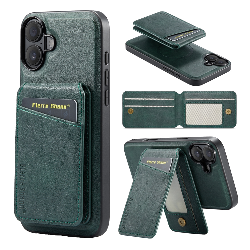 For iPhone 16 Plus Fierre Shann Cowhide Vertical Flip Magnetic Card Holder Phone Case(Green) For iPhone 16 Plus Fierre Shann Cowhide Vertical Flip Magnetic Card Holder Phone Case(Green)