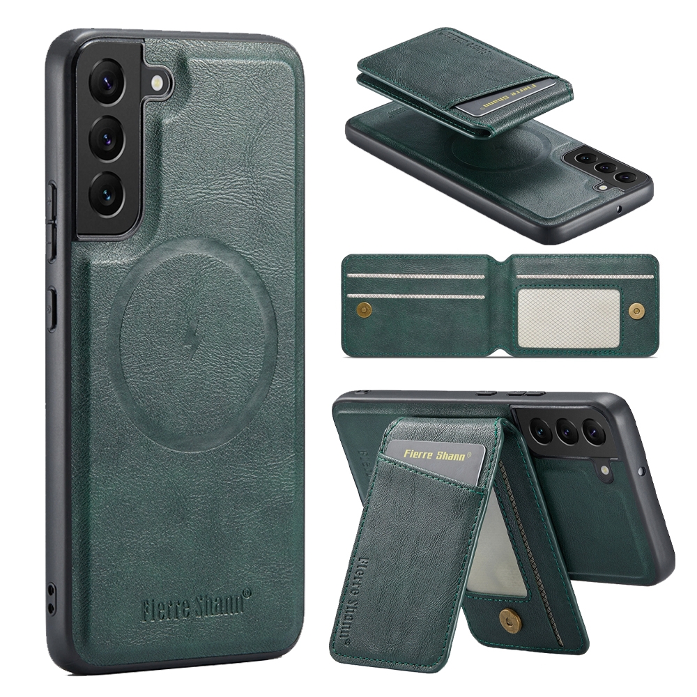 For Samsung Galaxy S22 5G Fierre Shann Cowhide Vertical Flip Magnetic Card Holder Phone Case(Green) For Samsung Galaxy S22 5G Fierre Shann Cowhide Vertical Flip Magnetic Card Holder Phone Case(Green)