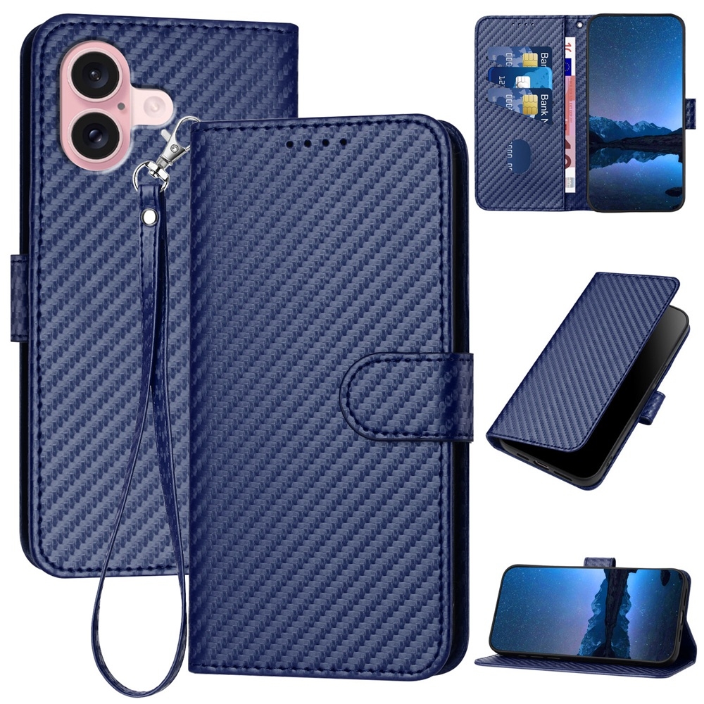 For iPhone 16 YX0070 Carbon Fiber Buckle Leather Phone Case with Lanyard(Royal Blue) For iPhone 16 YX0070 Carbon Fiber Buckle Leather Phone Case with Lanyard(Royal Blue)