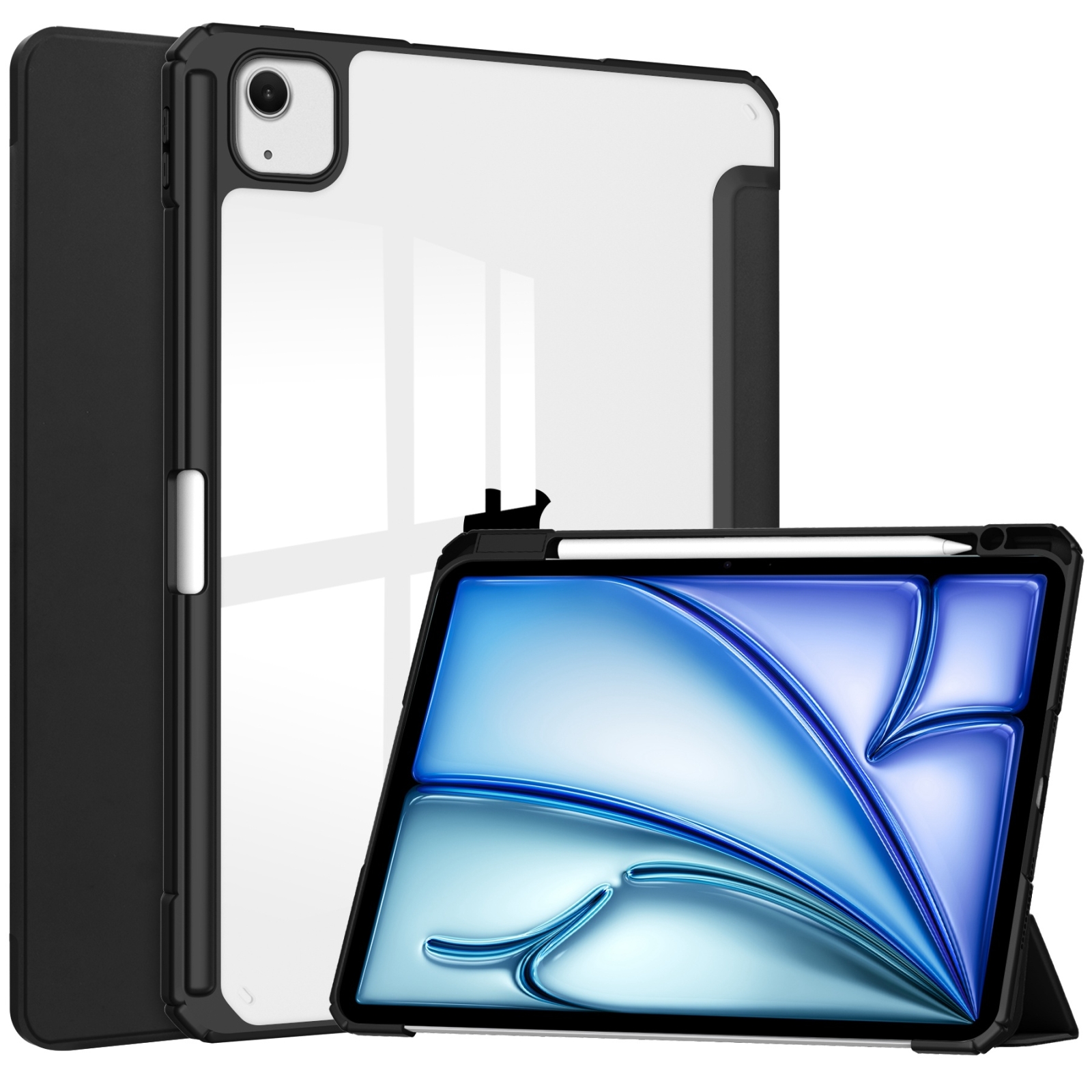 For iPad Air 13 2024 Pure Color 3-fold Clear TPU Smart Leather Tablet Case(Black) For iPad Air 13 2024 Pure Color 3-fold Clear TPU Smart Leather Tablet Case(Black)