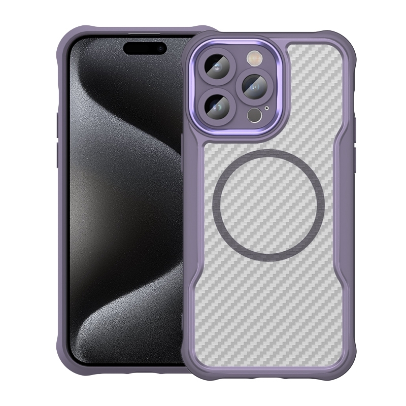 For iPhone 15 Pro Carbon Fiber Texture MagSafe Translucent Phone Case(Purple) For iPhone 15 Pro Carbon Fiber Texture MagSafe Translucent Phone Case(Purple)