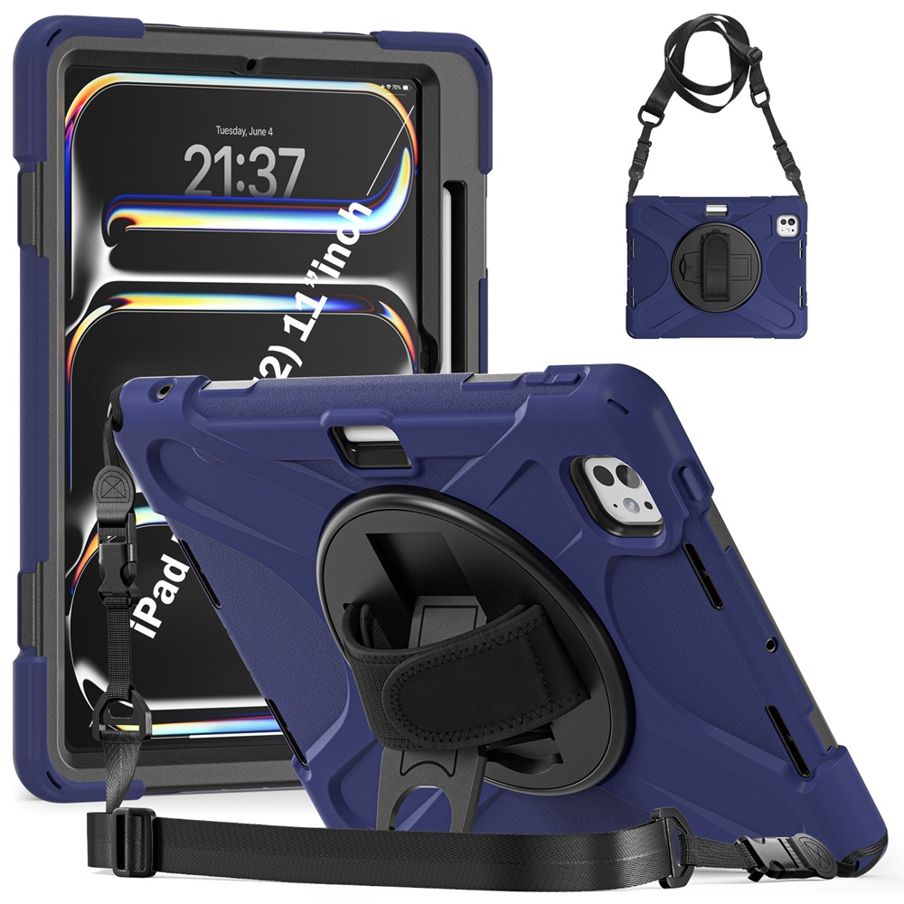 For iPad Pro 11 2024 Rotatable Holder Silicone Hybrid PC Tablet Case with Shoulder Strap(Navy Blue) For iPad Pro 11 2024 Rotatable Holder Silicone Hybrid PC Tablet Case with Shoulder Strap(Navy Blue)