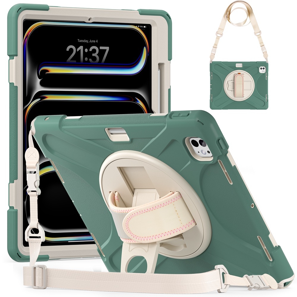 For iPad Pro 13 2024 Rotatable Holder Silicone Hybrid PC Tablet Case with Shoulder Strap(Emreald Green) For iPad Pro 13 2024 Rotatable Holder Silicone Hybrid PC Tablet Case with Shoulder Strap(Emreald Green)