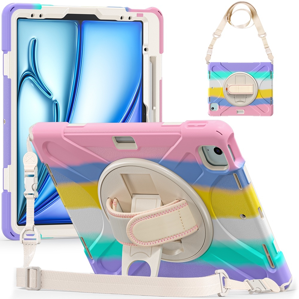 For iPad Air 13 2024 Rotatable Holder Silicone Hybrid PC Tablet Case with Shoulder Strap(Colorful Pink) For iPad Air 13 2024 Rotatable Holder Silicone Hybrid PC Tablet Case with Shoulder Strap(Colorful Pink)