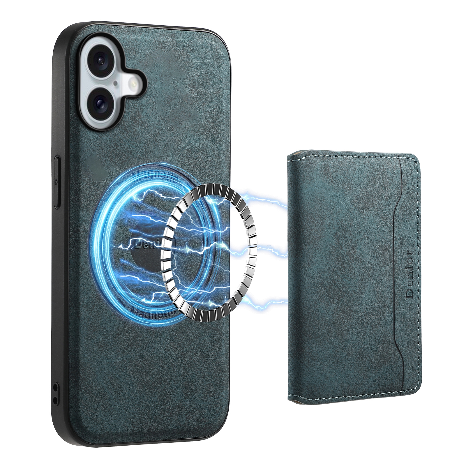 For iPhone 16 Plus Denior D13 Retro Texture Leather MagSafe Card Bag Phone Case(Blue) For iPhone 16 Plus Denior D13 Retro Texture Leather MagSafe Card Bag Phone Case(Blue)