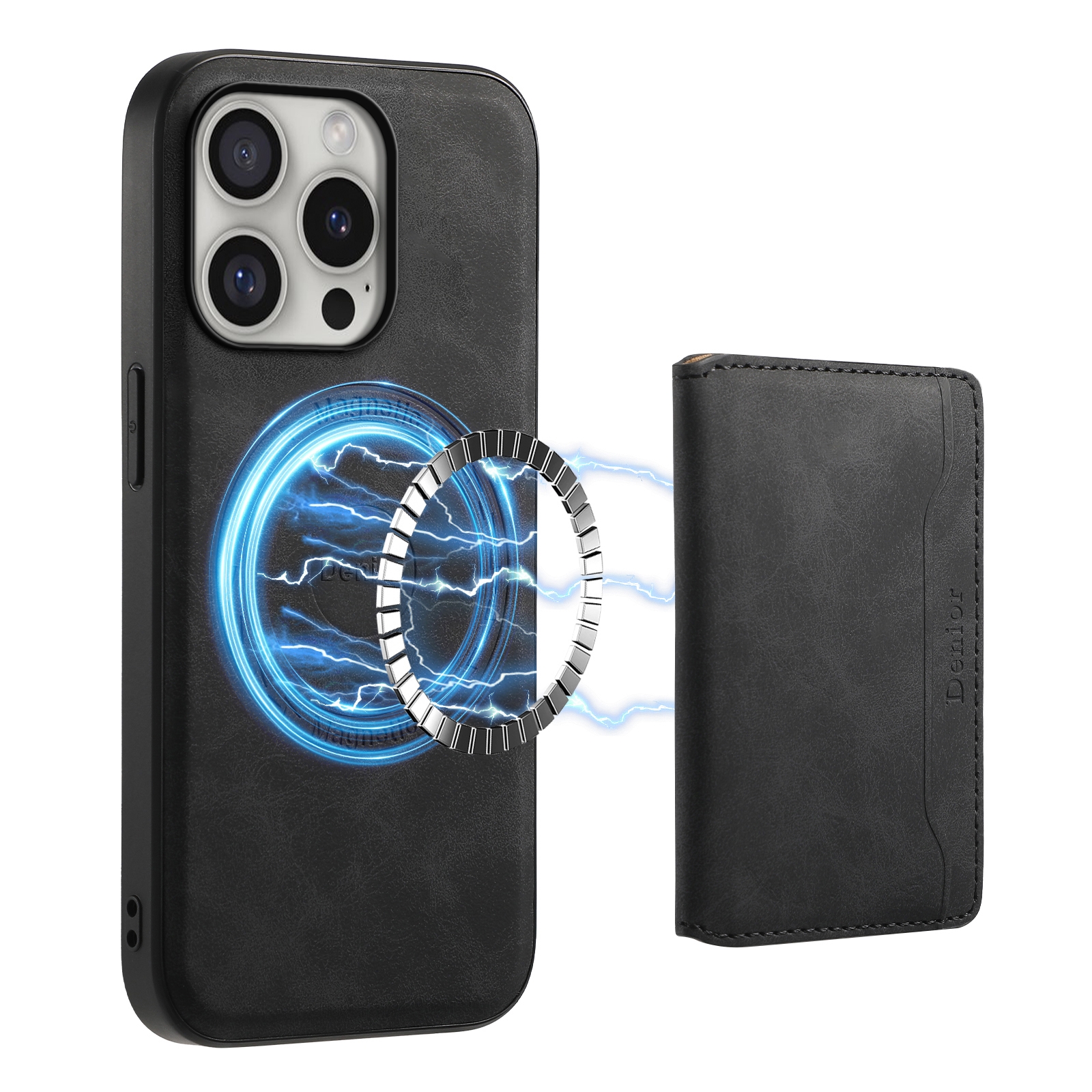 For iPhone 16 Pro Max Denior D13 Retro Texture Leather MagSafe Card Bag Phone Case(Black) For iPhone 16 Pro Max Denior D13 Retro Texture Leather MagSafe Card Bag Phone Case(Black)