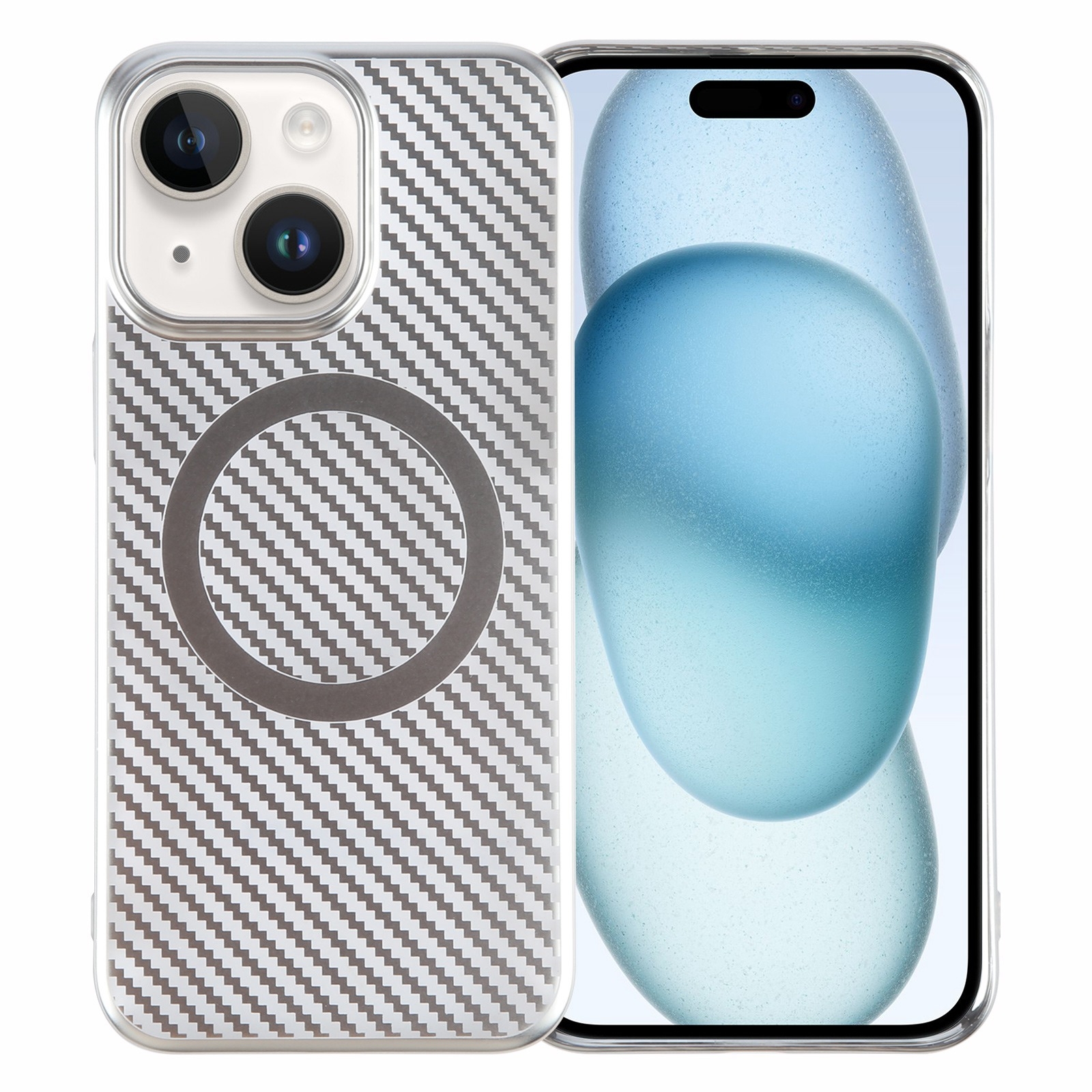 For iPhone 15 6D Plated Carbon Fiber Clear Magsafe PC Phone Case(Starlight Silver) For iPhone 15 6D Plated Carbon Fiber Clear Magsafe PC Phone Case(Starlight Silver)