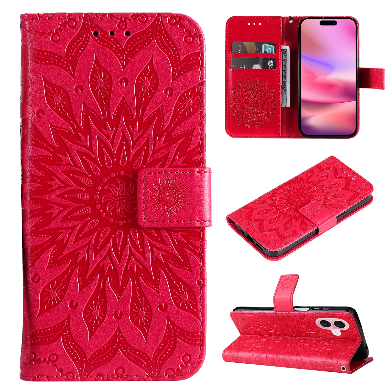 For iPhone 16 Embossed Sunflower Pattern Flip Leather Phone Case(Red) For iPhone 16 Embossed Sunflower Pattern Flip Leather Phone Case(Red)
