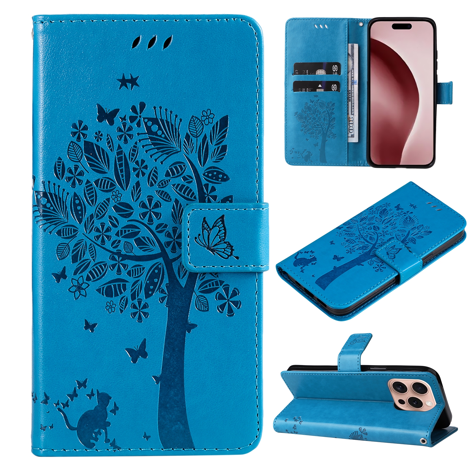 For iPhone 16 Pro Tree & Cat Embossed Pattern Flip Leather Phone Case(Blue) For iPhone 16 Pro Tree & Cat Embossed Pattern Flip Leather Phone Case(Blue)