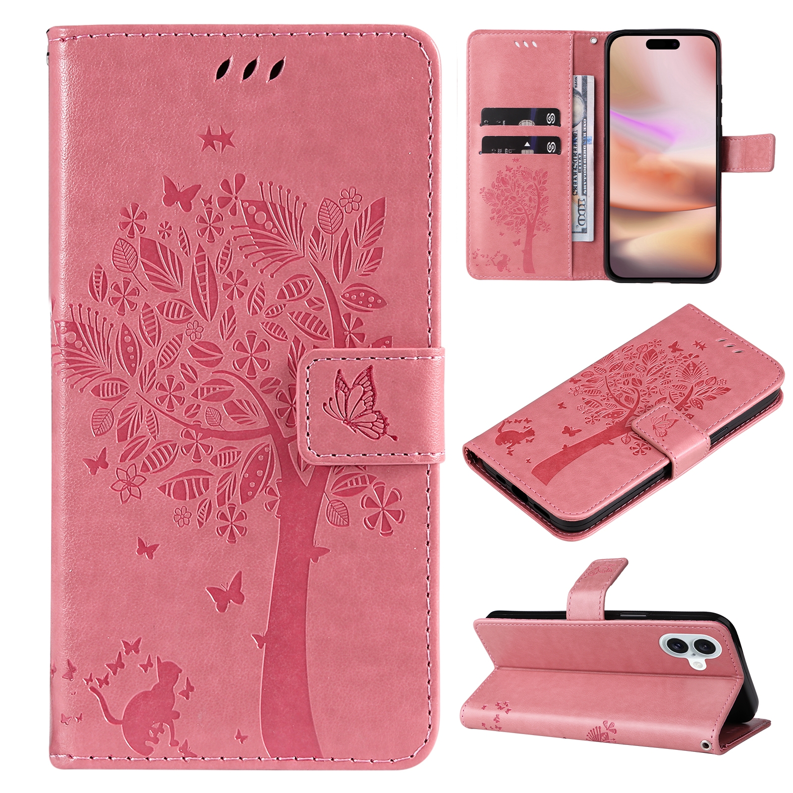 For iPhone 16 Plus Tree & Cat Embossed Pattern Flip Leather Phone Case(Pink) For iPhone 16 Plus Tree & Cat Embossed Pattern Flip Leather Phone Case(Pink)