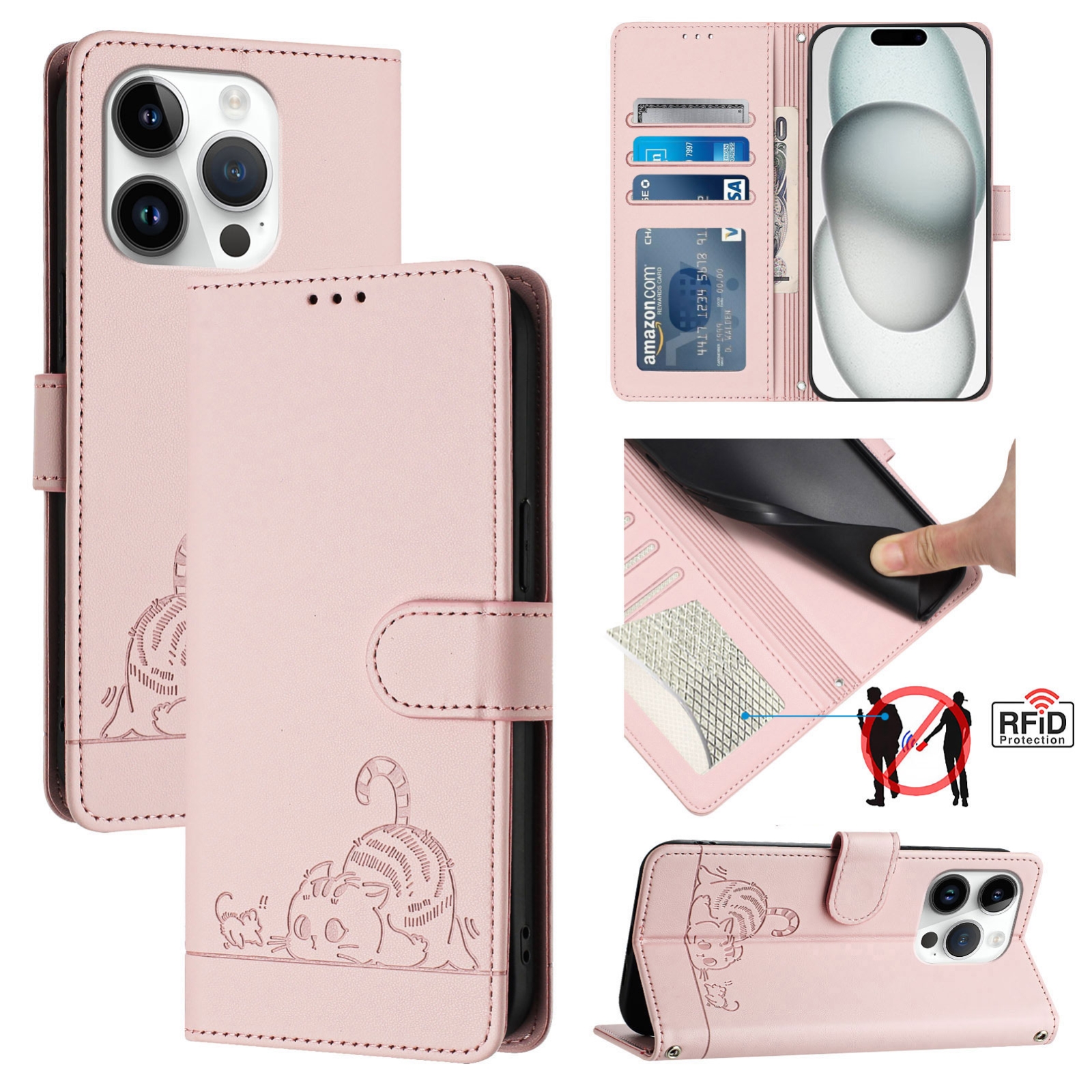 For iPhone 15 Pro Cat Rat Embossed Pattern RFID Leather Phone Case with Lanyard(Pink) For iPhone 15 Pro Cat Rat Embossed Pattern RFID Leather Phone Case with Lanyard(Pink)
