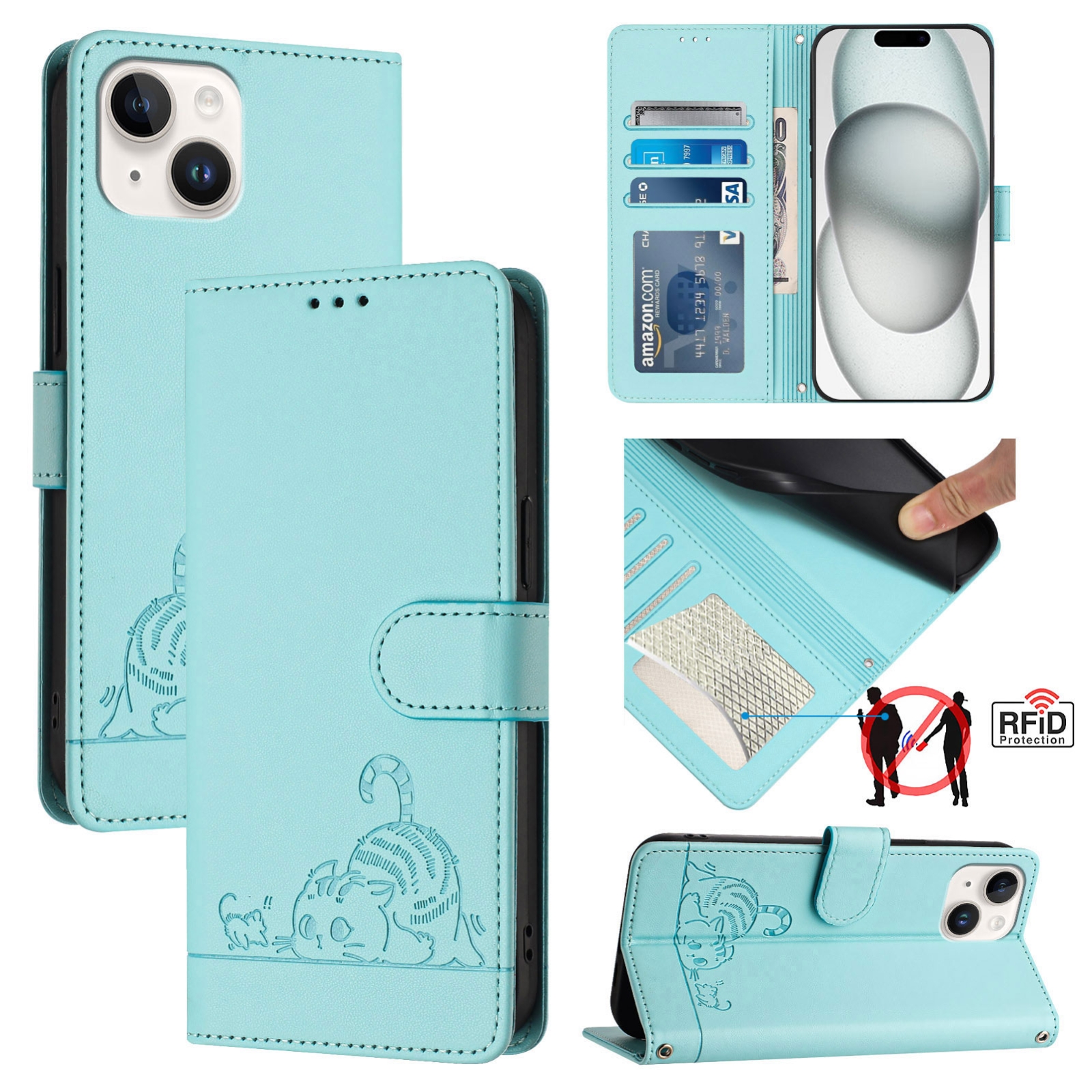 For iPhone 14/13 Cat Rat Embossed Pattern RFID Leather Phone Case with Lanyard(Mint Green) For iPhone 14/13 Cat Rat Embossed Pattern RFID Leather Phone Case with Lanyard(Mint Green)
