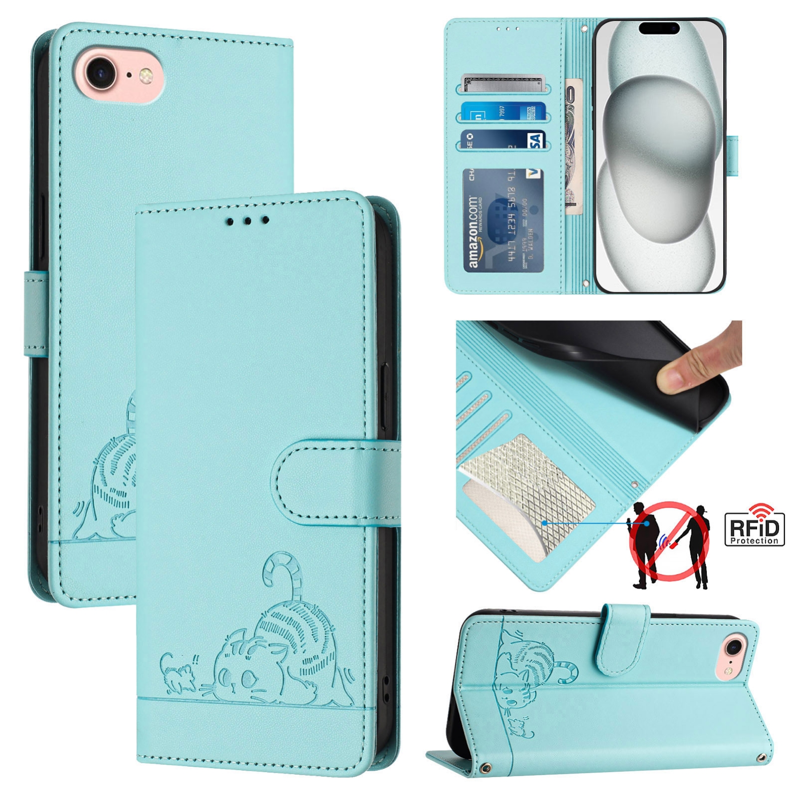 For iPhone SE 2022/SE 2020/6/7/8 Cat Rat Embossed Pattern RFID Leather Phone Case with Lanyard(Mint Green) For iPhone SE 2022/SE 2020/6/7/8 Cat Rat Embossed Pattern RFID Leather Phone Case with Lanyard(Mint Green)