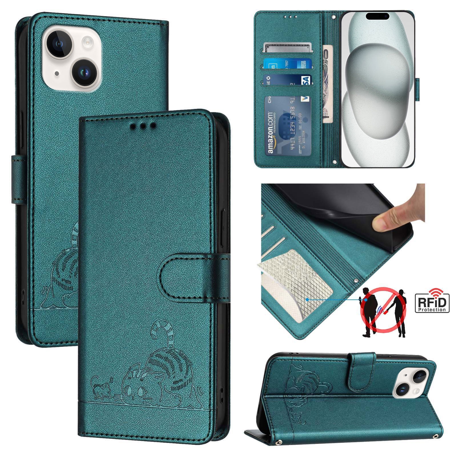 For iPhone 13 mini Cat Rat Embossed Pattern RFID Leather Phone Case with Lanyard(Peacock Green) For iPhone 13 mini Cat Rat Embossed Pattern RFID Leather Phone Case with Lanyard(Peacock Green)