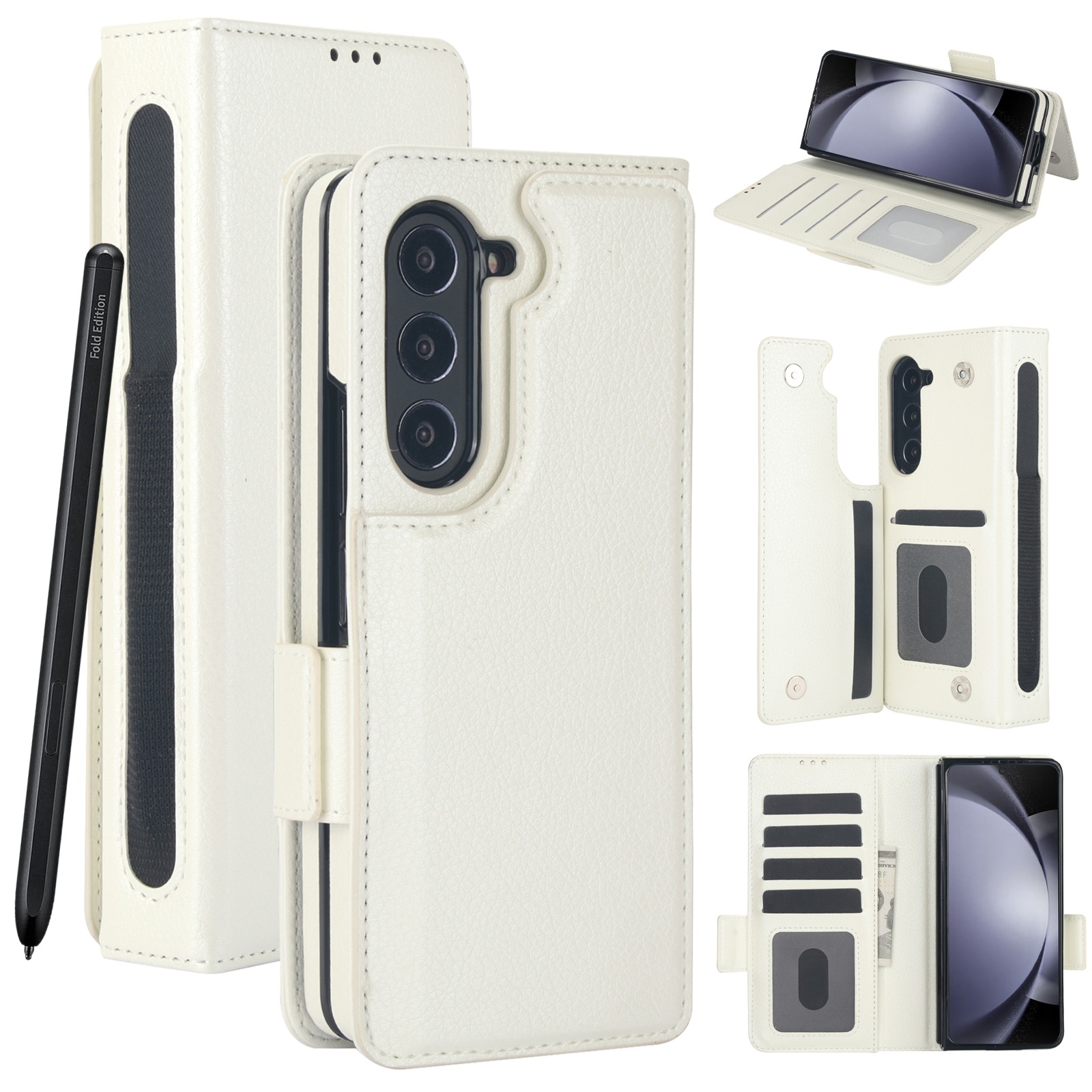 For Samsung Galaxy Z Fold5 Solid Color Multifunctional Folding Leather Phone Case with Pen Slot(White) For Samsung Galaxy Z Fold5 Solid Color Multifunctional Folding Leather Phone Case with Pen Slot(White)