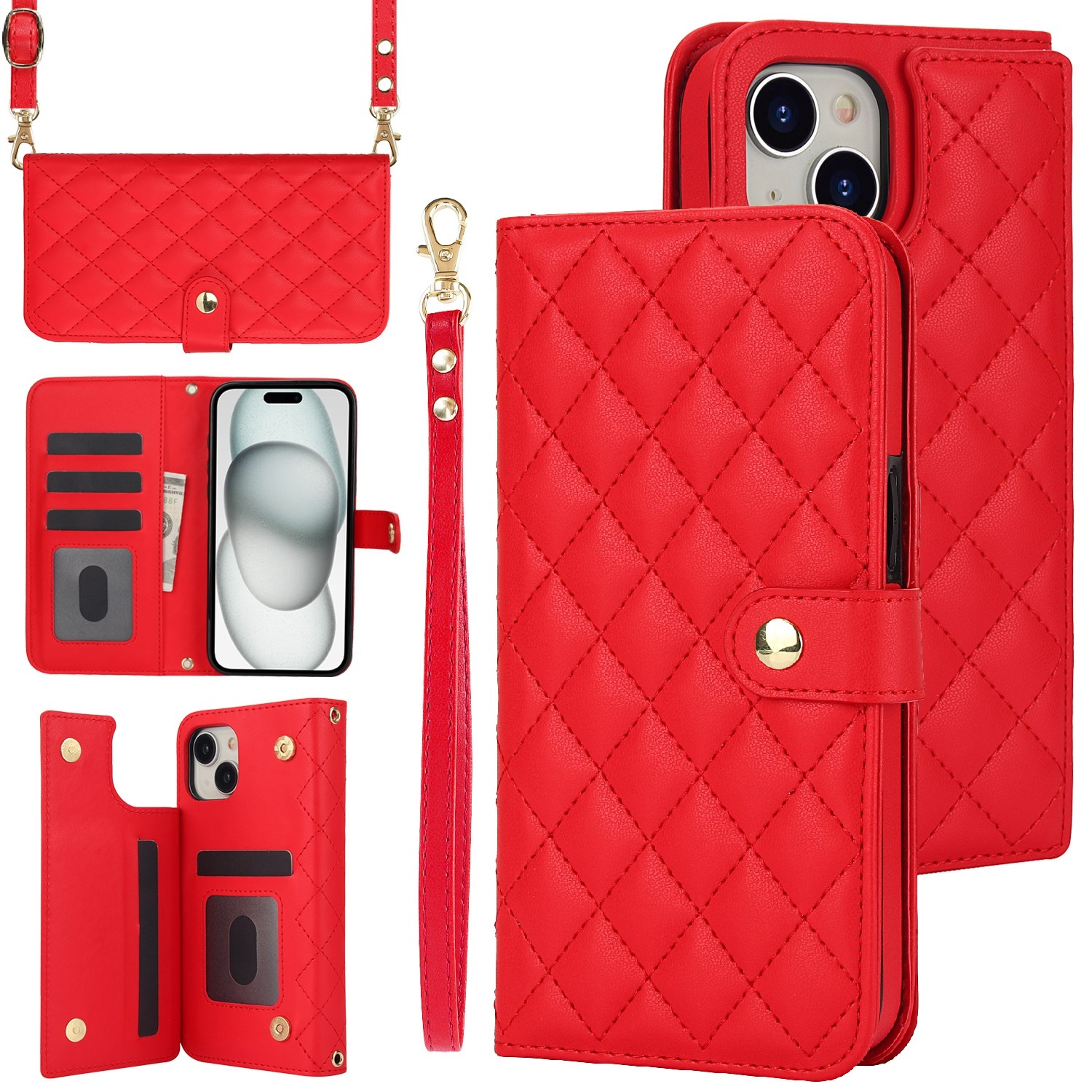 For iPhone 15 Plus Crossbody Multifunction Rhombic Leather Phone Case(Red) For iPhone 15 Plus Crossbody Multifunction Rhombic Leather Phone Case(Red)