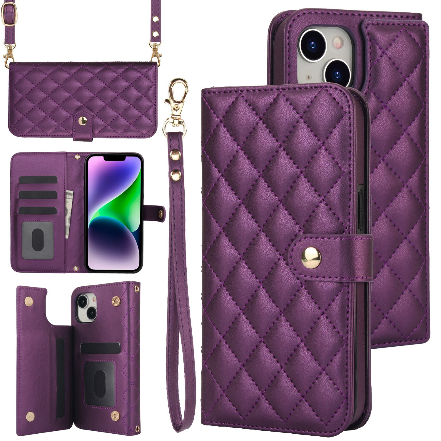 For iPhone 14 / 13 Crossbody Multifunction Rhombic Leather Phone Case(Dark Purple) For iPhone 14 / 13 Crossbody Multifunction Rhombic Leather Phone Case(Dark Purple)