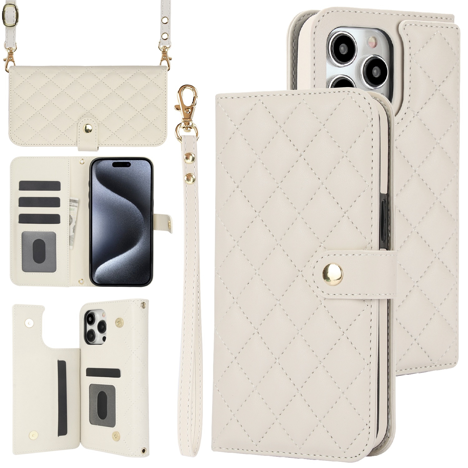 For iPhone 16 Pro Max Crossbody Multifunction Rhombic Leather Phone Case(White) For iPhone 16 Pro Max Crossbody Multifunction Rhombic Leather Phone Case(White)