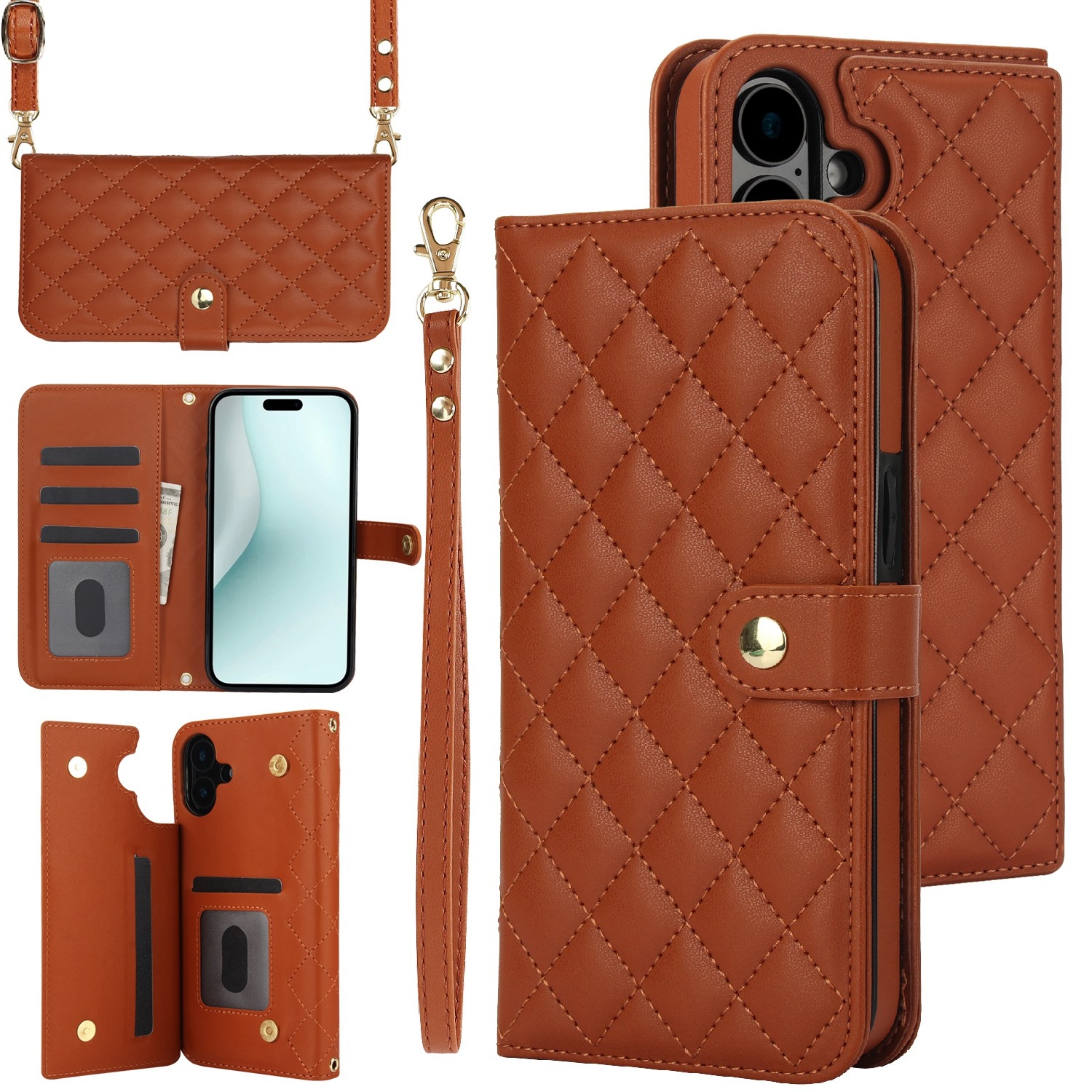 For iPhone 16 Plus Crossbody Multifunction Rhombic Leather Phone Case(Brown) For iPhone 16 Plus Crossbody Multifunction Rhombic Leather Phone Case(Brown)