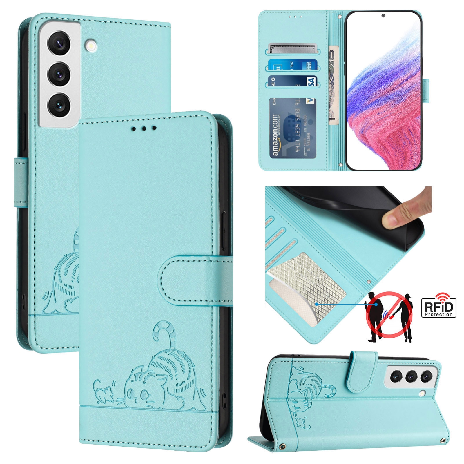 For Samsung Galaxy S22 5G Cat Rat Embossed Pattern RFID Leather Phone Case with Lanyard(Mint Green) For Samsung Galaxy S22 5G Cat Rat Embossed Pattern RFID Leather Phone Case with Lanyard(Mint Green)