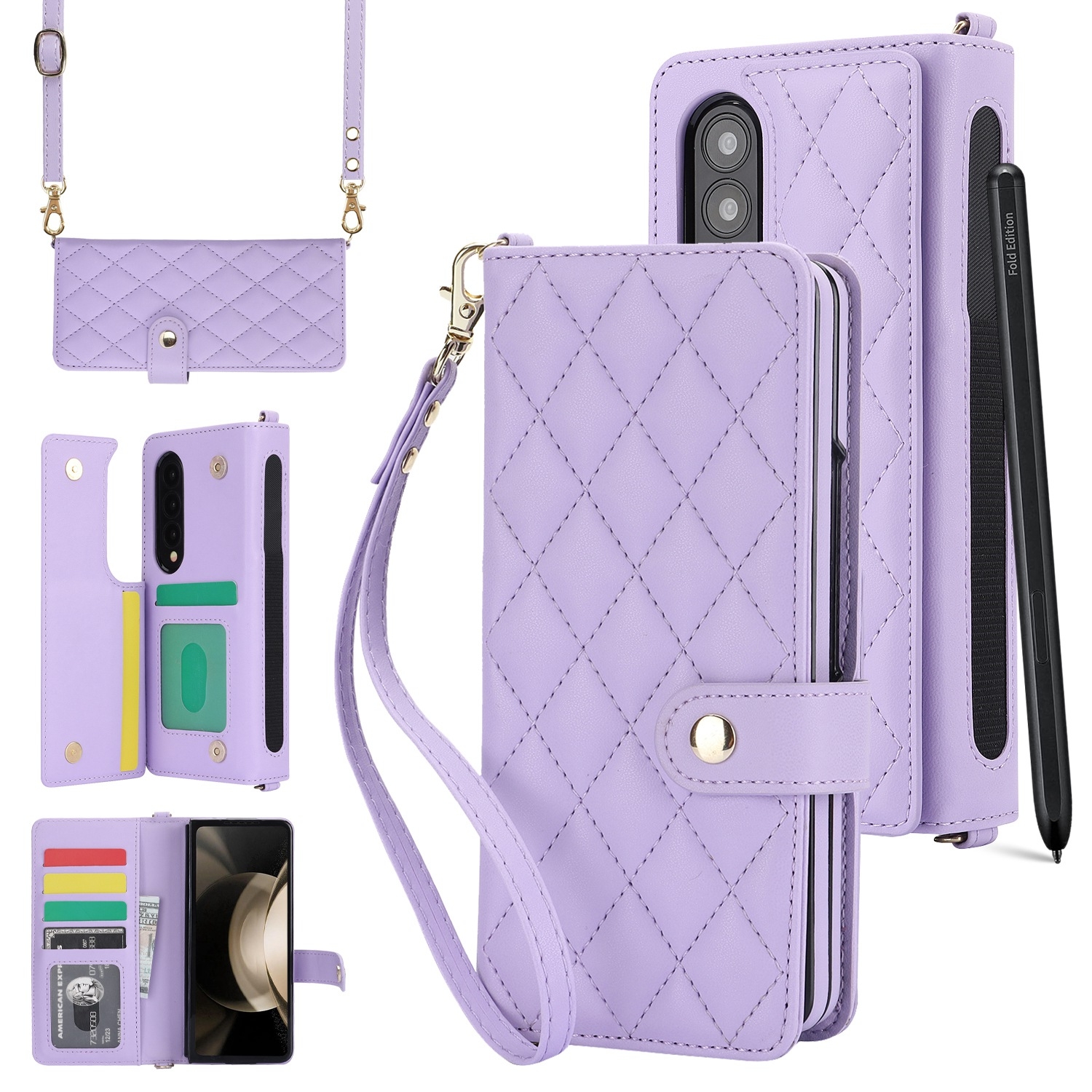 For Samsung Galaxy Z Fold4 Crossbody Multifunction Rhombic Leather Phone Case(Purple) For Samsung Galaxy Z Fold4 Crossbody Multifunction Rhombic Leather Phone Case(Purple)